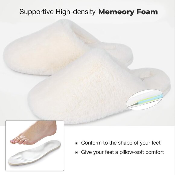 ⚡Women's White Fuzzy Scuff Slippers Soft Comfy Memory Foam Non Slip House Shoes - Picture 5 of 6